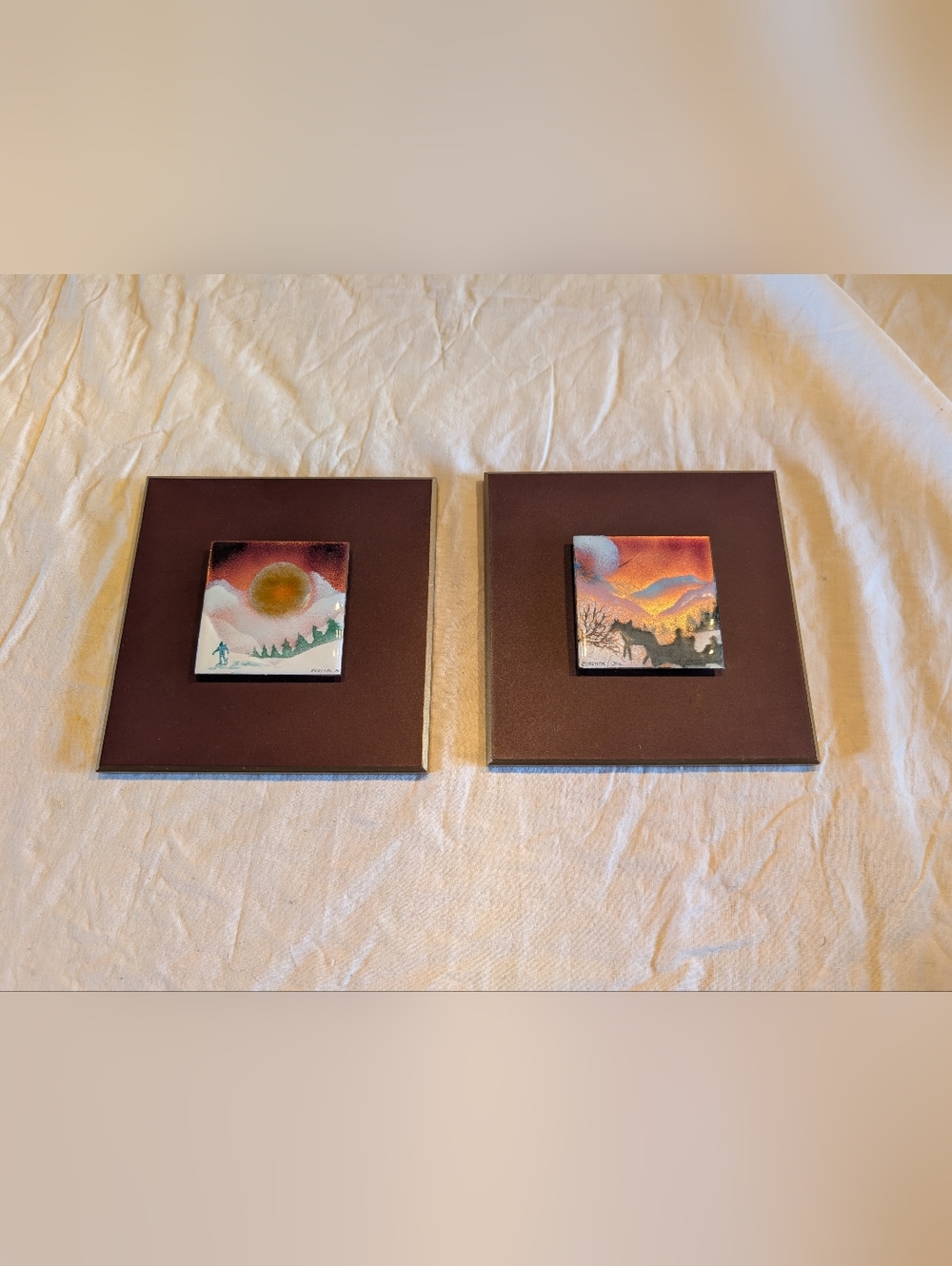 2/50$ Vintage Brown Framed Dual Mini Landscape Enamel On Copper Wall Art